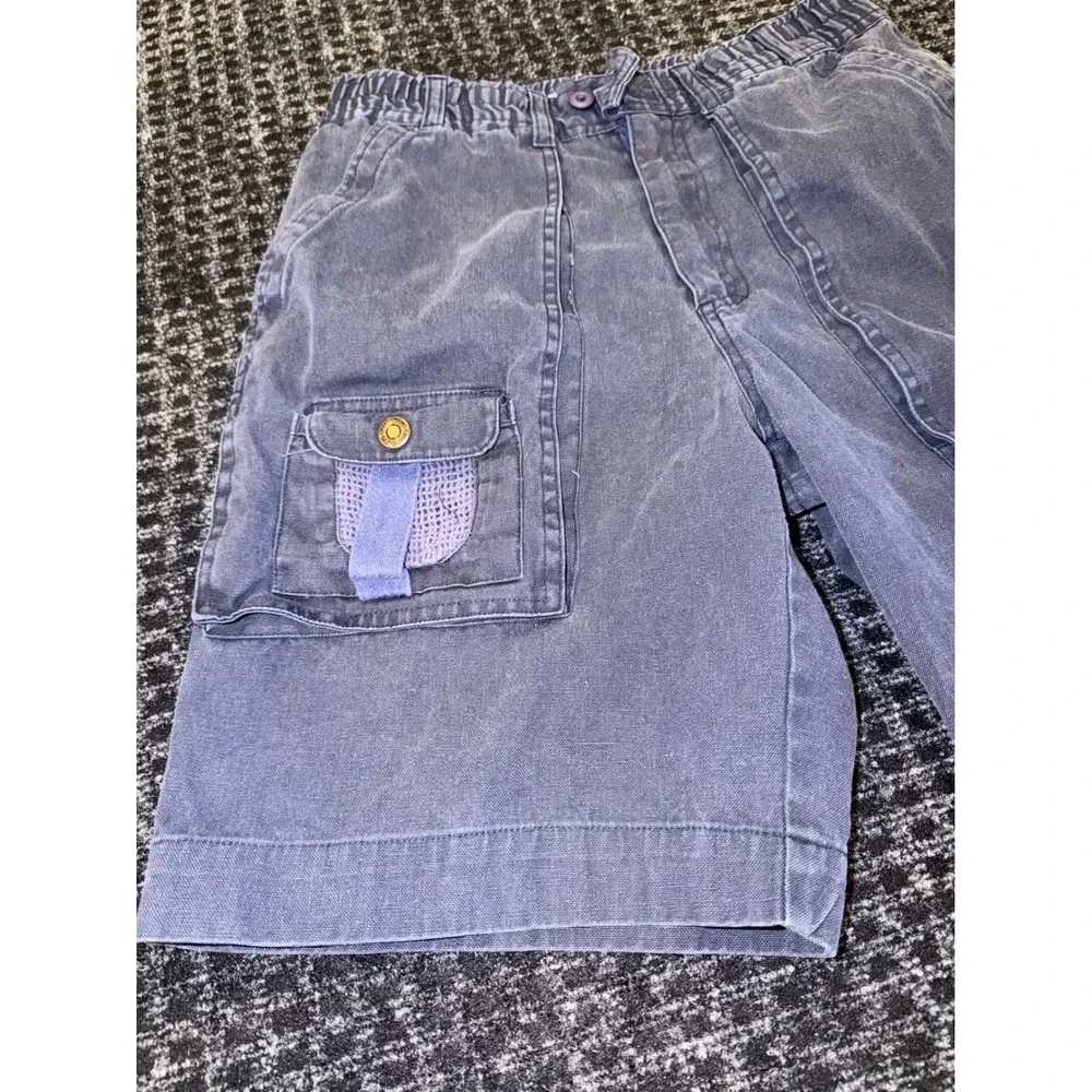 Bugle Boy Vintage 90s Cargo Shorts Sz 29 Blue Ramie Cotton Elastic Waist Utility